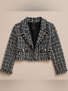 Black White Tweed Cropped Jacket Fringe Trim Chic Blazer Parisian Style Size M
